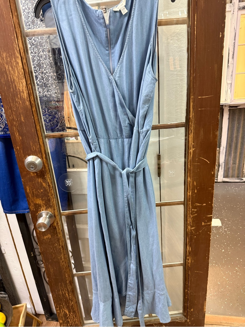 Sleeveless Light Blue Wrap Maxi Dress with Tie Waist